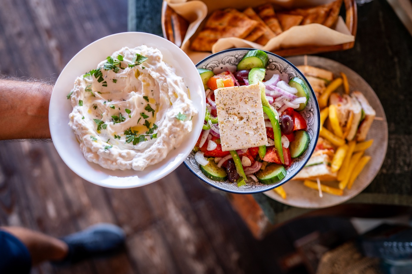 Greek salad and dips served in daytime at Harem